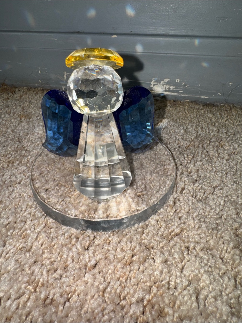 Crystal Angel Figurine with Blue Wings and Yellow Halo- Partylite